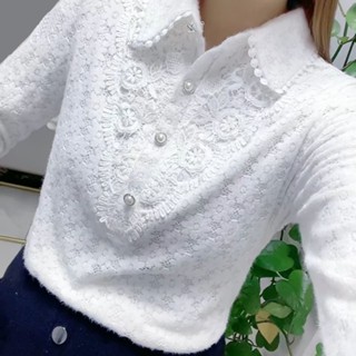 Camisa De Ponto Aberto Jacquard Moda Branco Manga Comprida Polo-Neck Office Lady Chic Sexy Spring Autumn Loose Casual Blusa