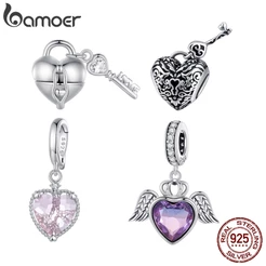 BAMOER 925 Sterling Silver Bead Heart Com Fechadura De Encanto Divertido Para Pulseiras