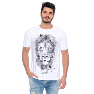 Camiseta Manga Curta Masculina Estampada Leão Branca