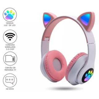 Fone De Ouvido Orelha Gato Com Sd Card Sem Fio Bluetooth Headphone Led Headphone P2 Mp3 Aux Celular Tik Tok
