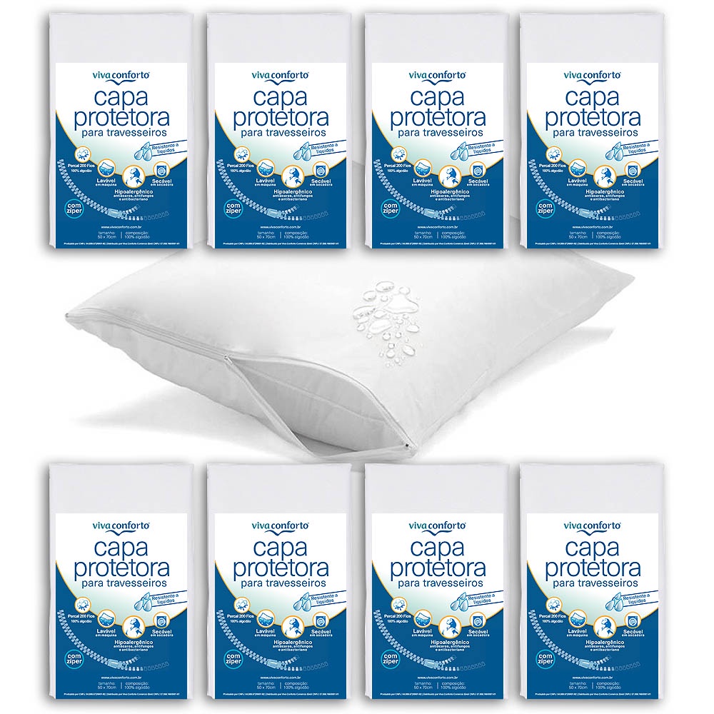 Kit 8 Capas Protetoras de Travesseiros Impermeável Percal 200 fios 100% algodão Viva Conforto