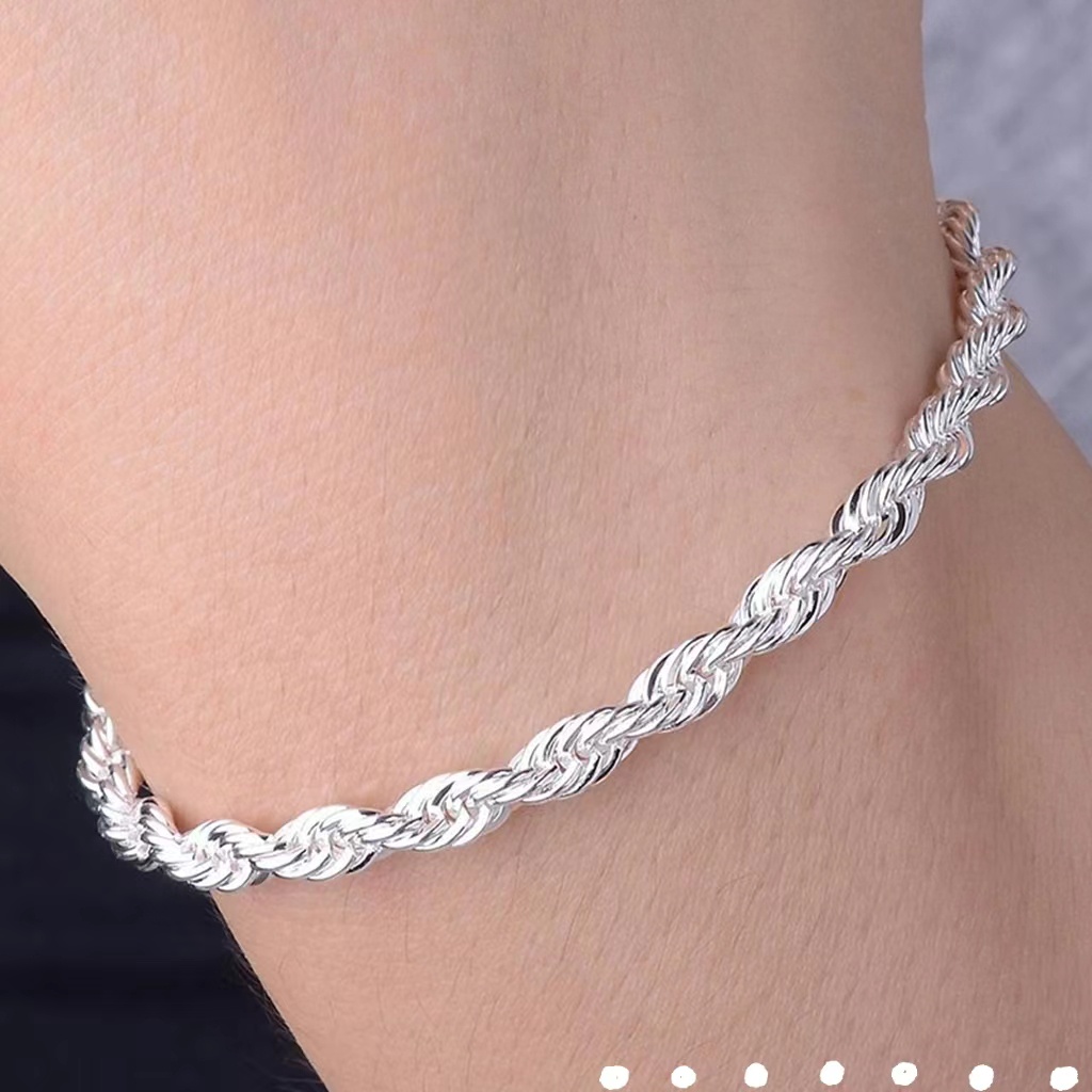 Pulseira feminina de elo simples em aço inoxidável com charme de torção de corda e design de joia de