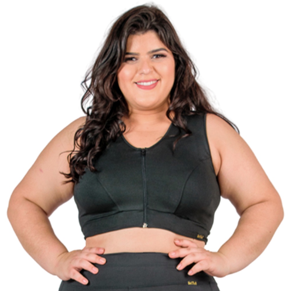 Top Feminino Fitness com Ziper Alta Sustentação Esportivo Academia Treino Plus Size