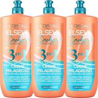 Kit 3xCreme Milagroso 3 em 1 Loreal Elseve Cachos Longos dos Sonhos 500ml Nutrição Profunda Ativo Hialurônico
