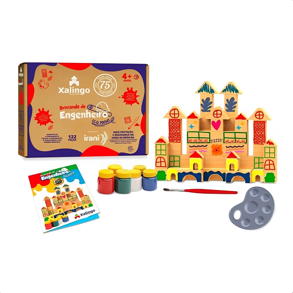 Brinquedo Engenheiro Eco Paint 122 Peças com 6 Tintas Guache e 1 Pincel Educativo Pintura Madeira Xalingo - 52780 em Oferta na Shopee