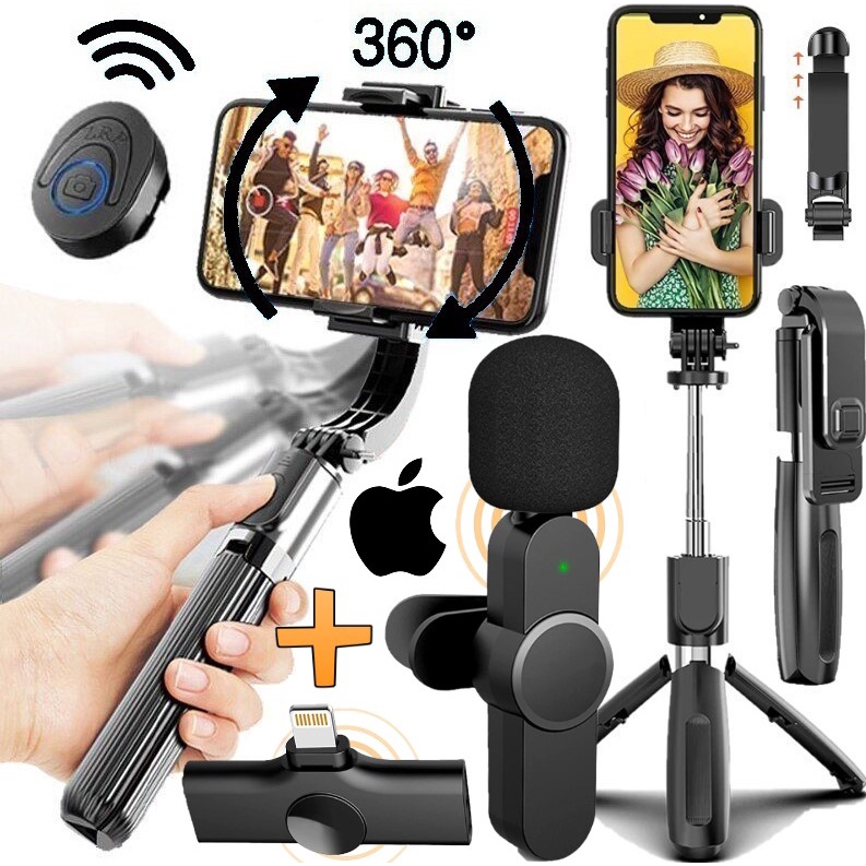 Estabilizador Mão Monopé Retrátil Smartphone Câmera Suporte Celular Steadicam Profissional + Microfone Sem Fio Filmagem