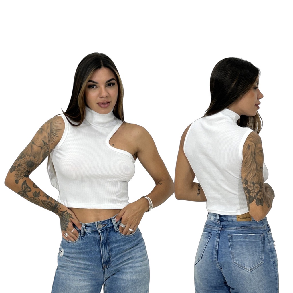 Blusa canelada assimétrica tendencia verão 2024