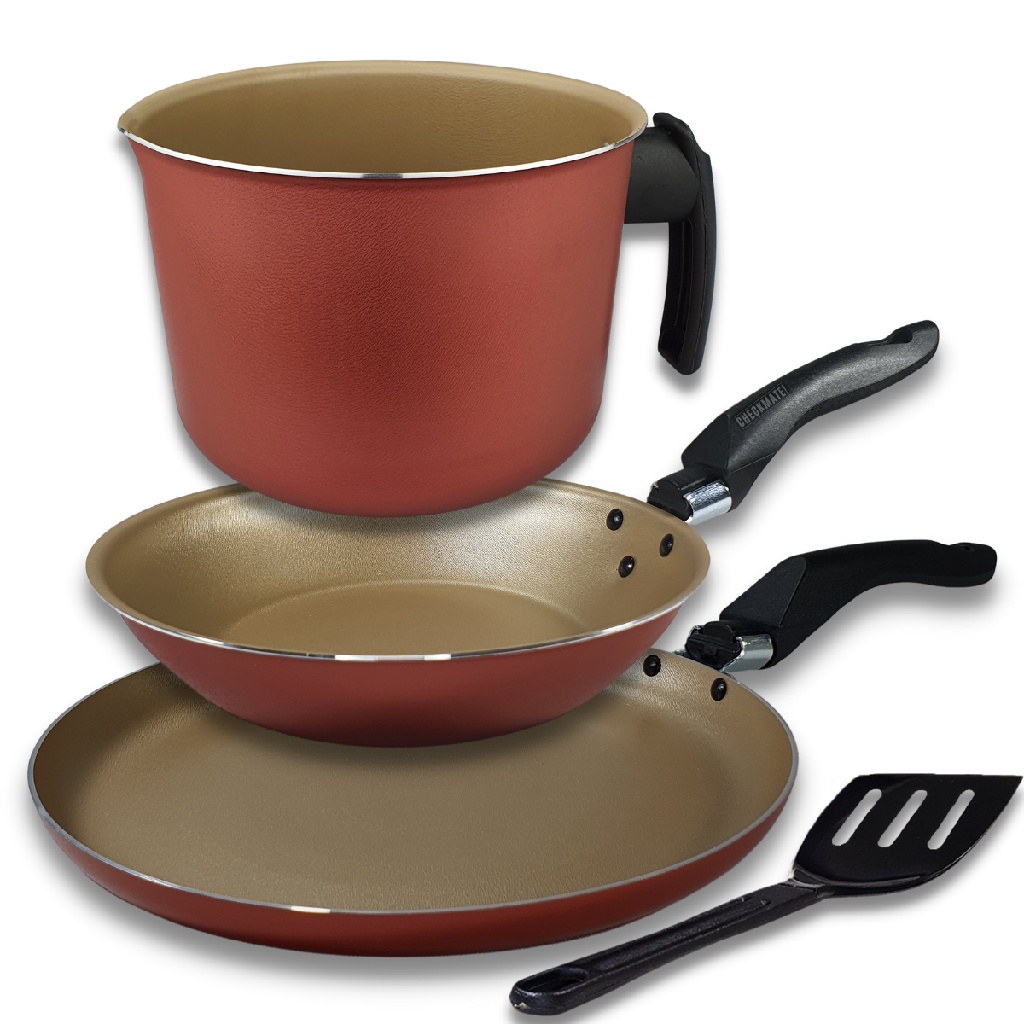 Kit 3 Peças Panquequeira 22cm Frigideira Francesa 16cm e Caneco Leiteira 16cm Antiaderente Teflon Cor Cereja e Dourado
