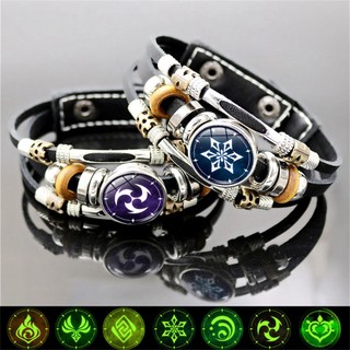 Luminoso Genshin Impacto Pulseira De Couro Olho De Deus Água Trovão De Vento Rocha De Fogo Elemento De Gelo Botão Snap Pulseiras Jóias Presente
