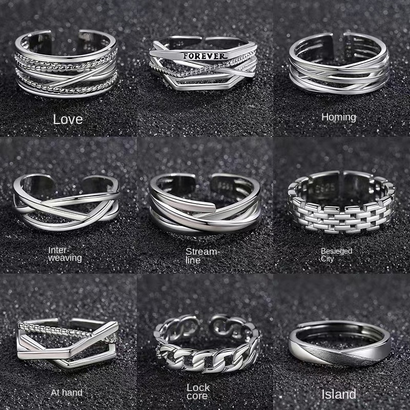 Anel Thai Silver Ring Line Anel de Prata Anel Único para Homens Anel Retro Abertura Ajustável Acessórios Únicos
