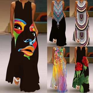 Vestidos Boho Maxi Para Mulheres Com Bolsos De Verão Soltos Tornozelo Impressos De Linha A