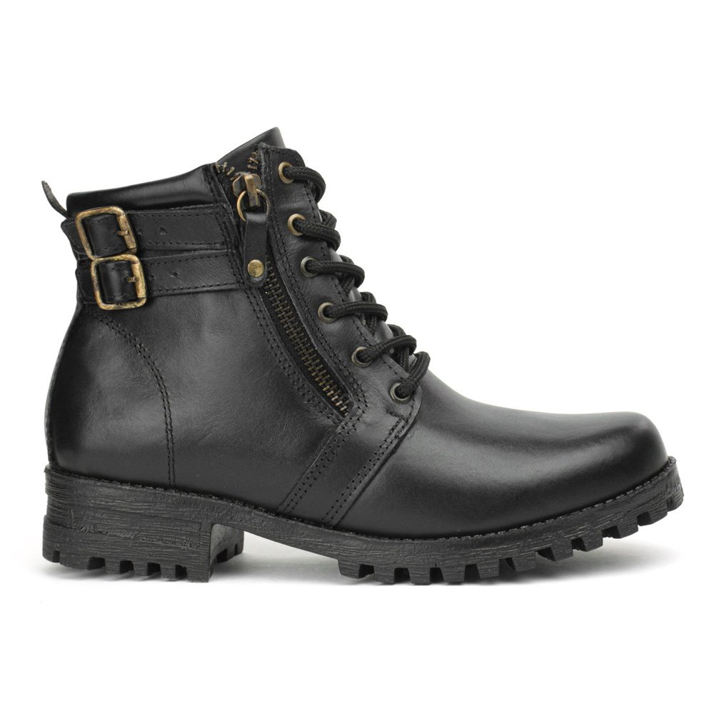 Bota Coturno Couro Feminino Cano Curto Salto Tratorado Baixo Zíper Cadarço Básica Casual Preto