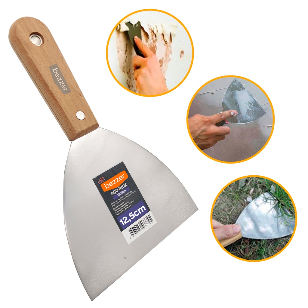 Espátula Inox 12,5 cm Cabo Madeira Gesso Massa corrida Obra Pintura Cimento Queimado DryWall Textura Grafiato Raspagem