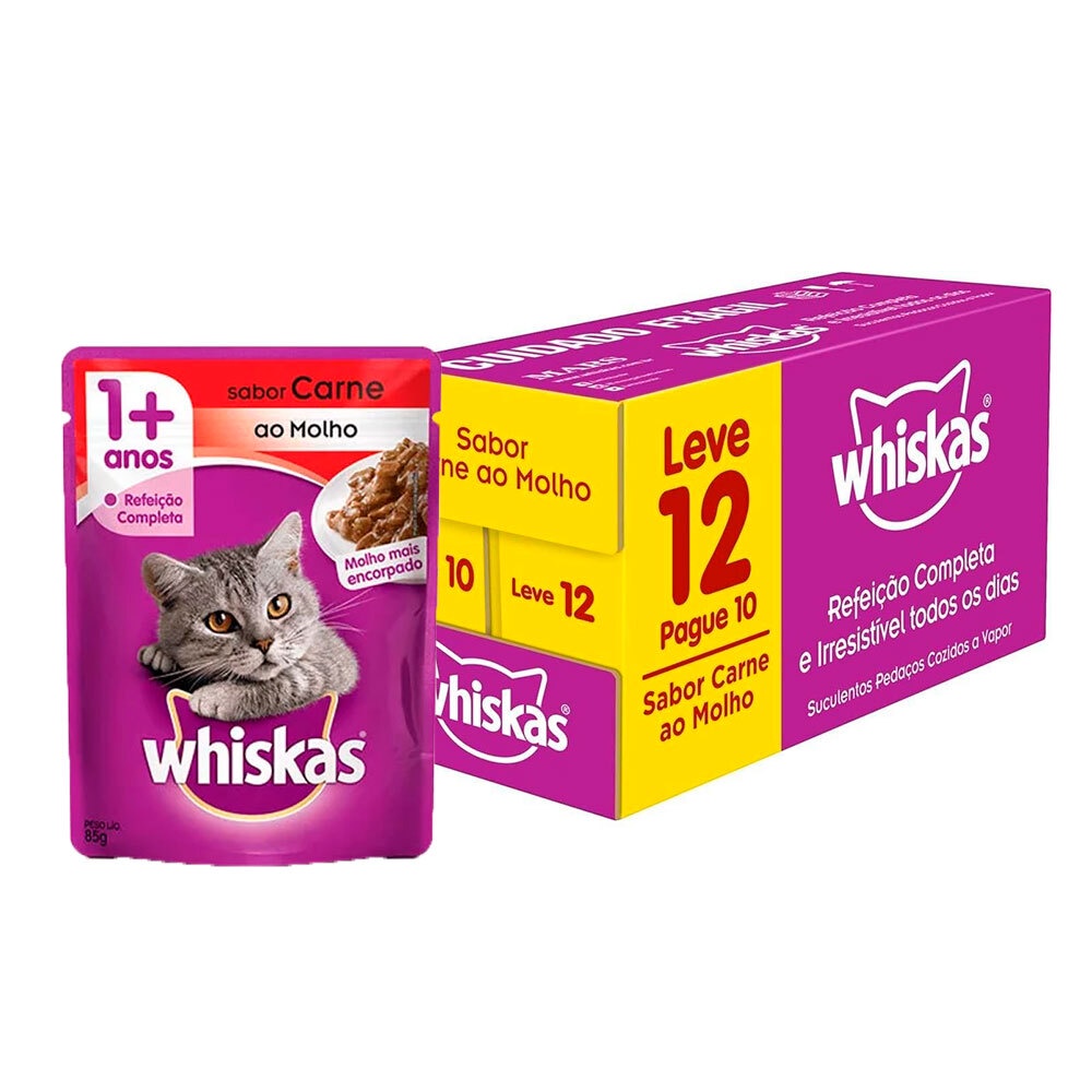 Caixa 12un Ração Úmida Whiskas Sachê Gatos Adultos Carne Ao Molho 85g - Pets