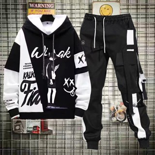 Calça De Carga Feminina Masculina Preta + Conjunto Masculino Com Camisola De Duas Peças Capuz Solto Para Homens E Estilo Hip Hop
