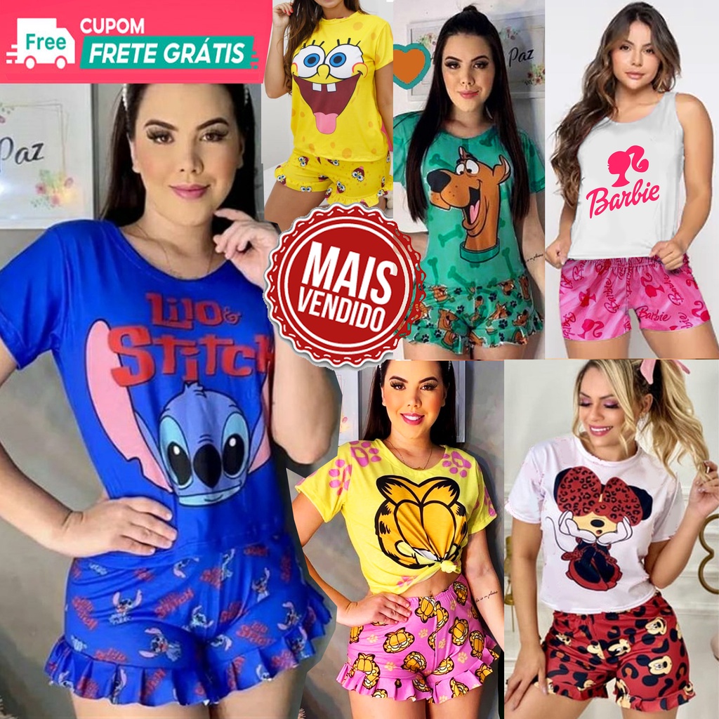Pijama Baby Doll Blusinha com Shorts Luxo Personagens