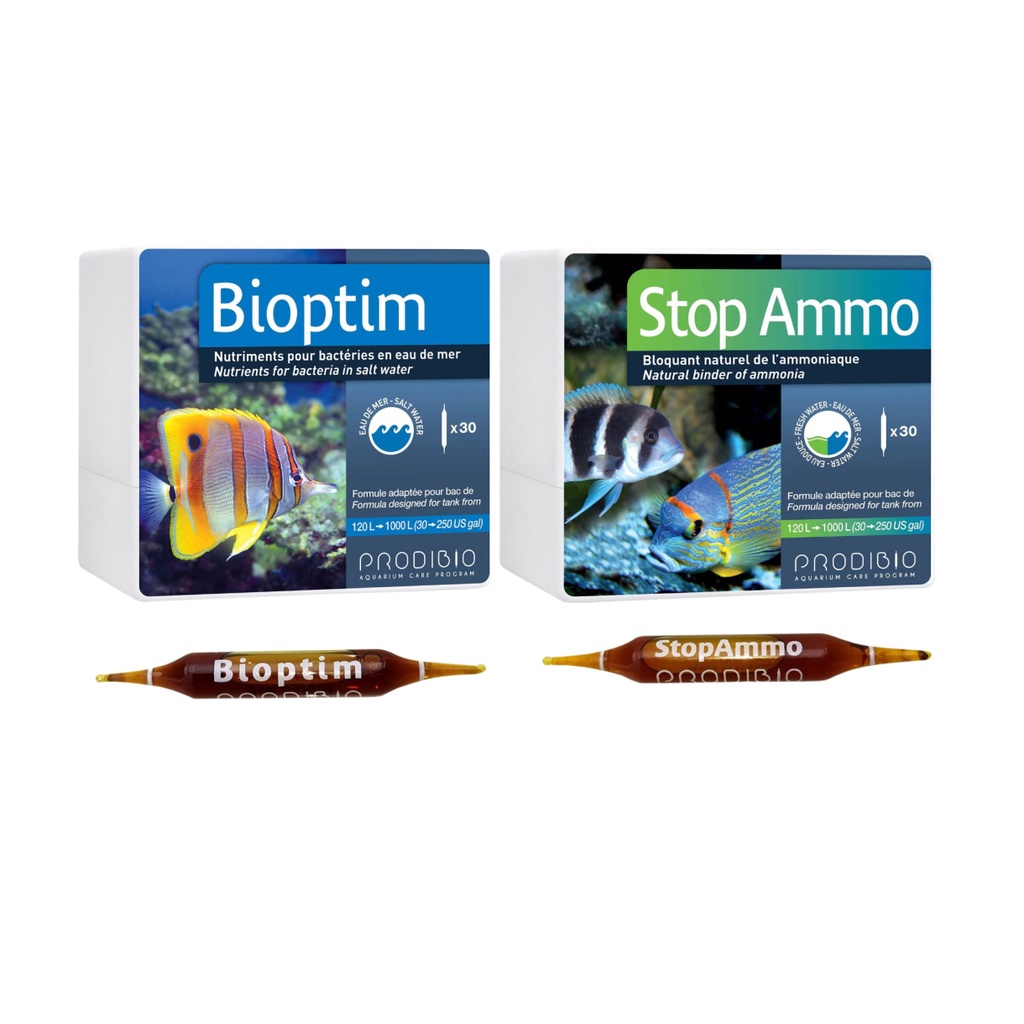 2 Ampolas Prodibio 1 Bioptim + 1 Stop Ammo Acelerador Biológico p/ Aquários de Água Doce e Marinhos