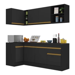 Cozinha Compacta de Canto com Rodapé Veneza Multimóveis MP2093 com Armário e Balcão Preta