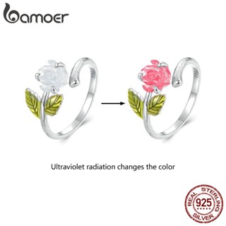 Bamoer 925 Silver Sterling Crystal Rose Open Ring Jóias De Moda Ajustáveis Para Mulheres