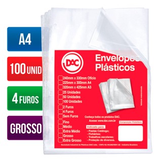 Envelope plástico A4 0.15 4 furos 5076A4 Pct 100 unid Dac