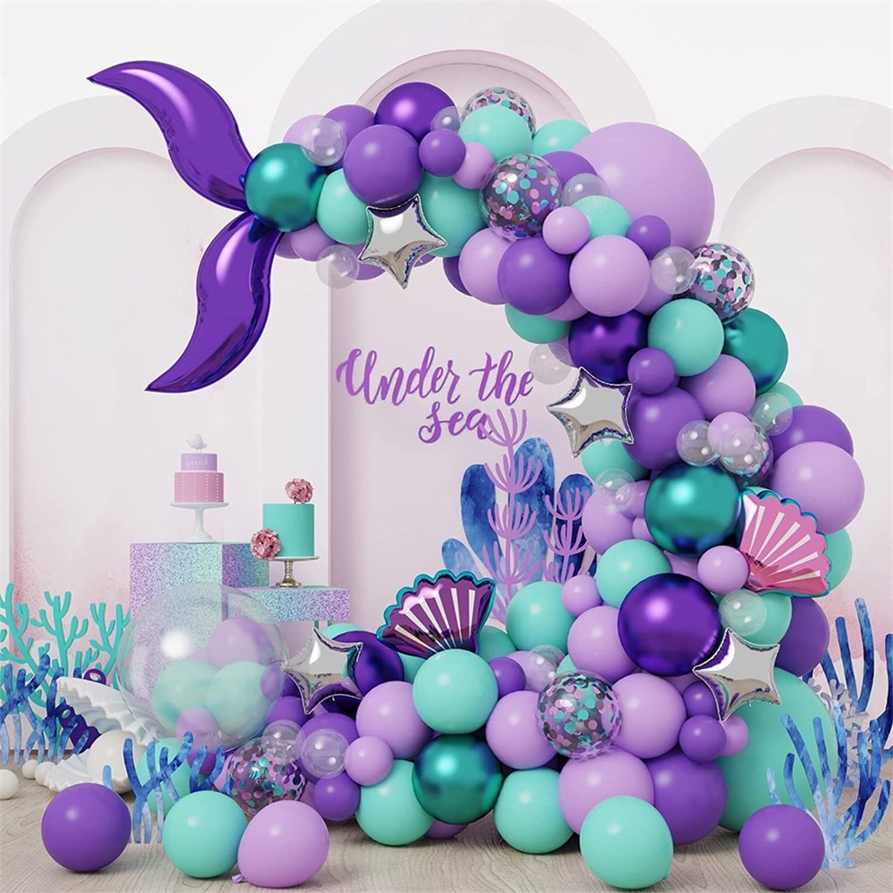 138 peças Conjunto De Guirlanda De Balões Tema Pequena Sereia Balão De Cauda De Sereia e Concha Do Mar Kit De Arco Com Balões Metálicos Para Decoração De Festa De Aniversário Infantil e Casamento De Meninas
