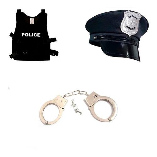 Kit 3pçs Policial Quepe Colete Algema Infantil Fantasia
