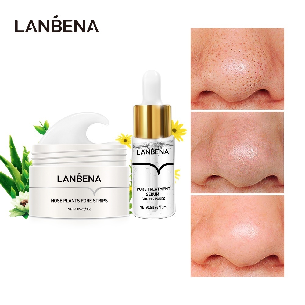 LANBENA Plantas De Nariz Tiras De Poros + Soro Conjunto De 2 Peças Encolher Os Acne Clara E Blackheads 30g + 15 ml