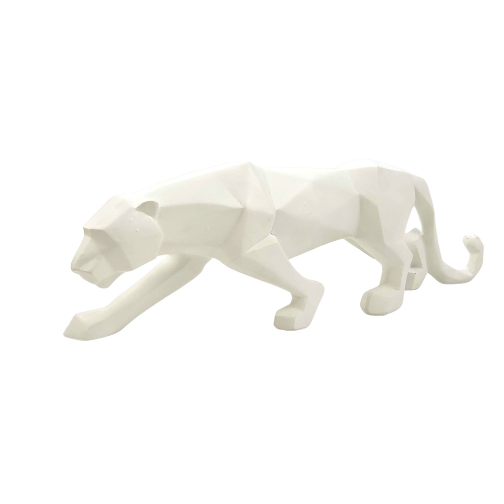 Escultura De Pantera Branca Decorativa Resina 14x43x8cm