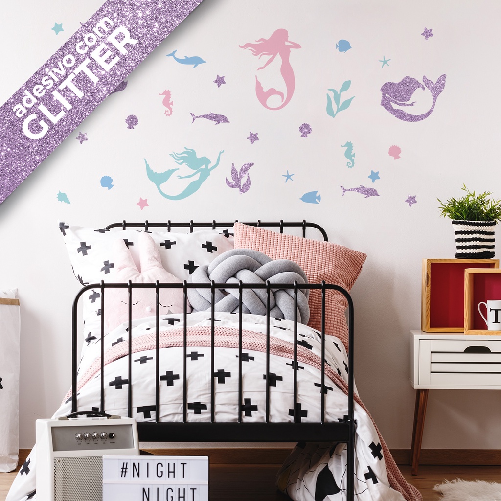 Adesivo de Parede Sereias com Glitter Fundo do Mar Cobre 1m²