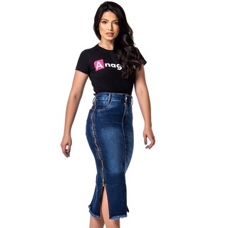Saia Jeans Moda Evangelica Midi Ziper Lateral Ref.177