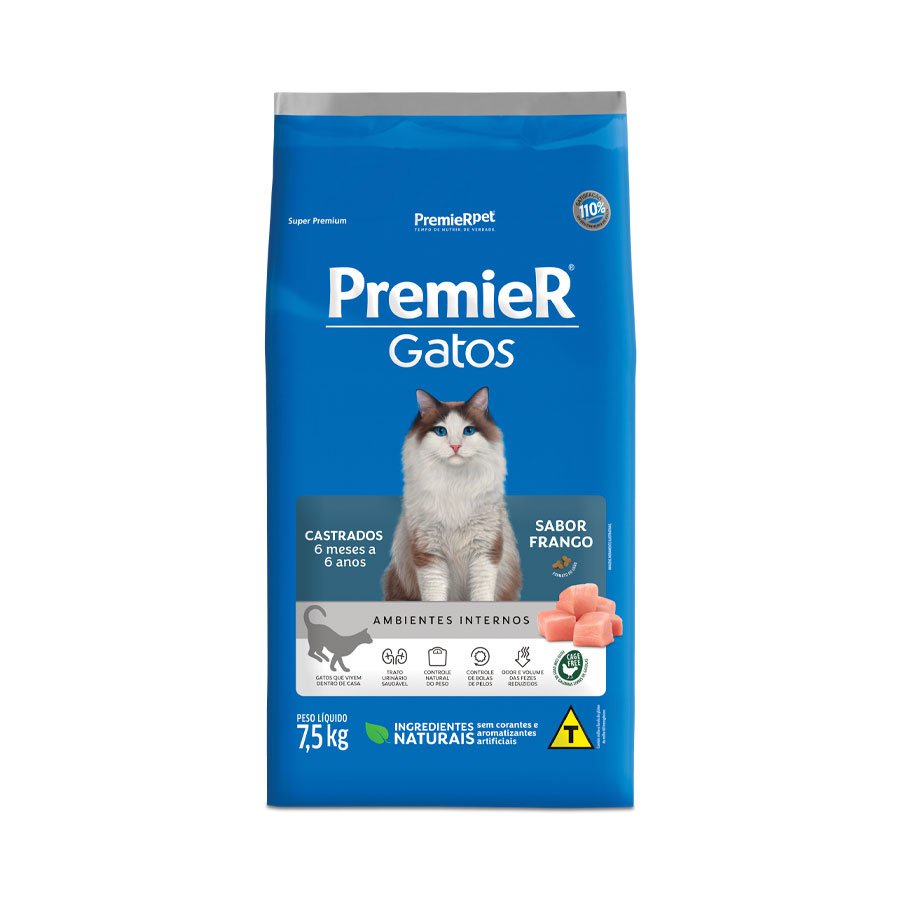 Ração Premier Ambientes Internos Gatos Castrados 6 Meses a 6 Anos Frango 7,5kg