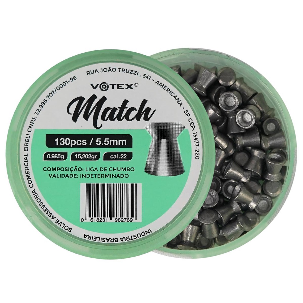 Chumbinho 5.5 Votex Match Munição .22 Lata 130 Unidades em Oferta na Shopee
