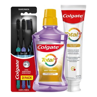 Kit Colgate Creme Dental Total 12 180g + Enxaguante Zero Álcool 500ml + Escova Dental Slim Soft 3un