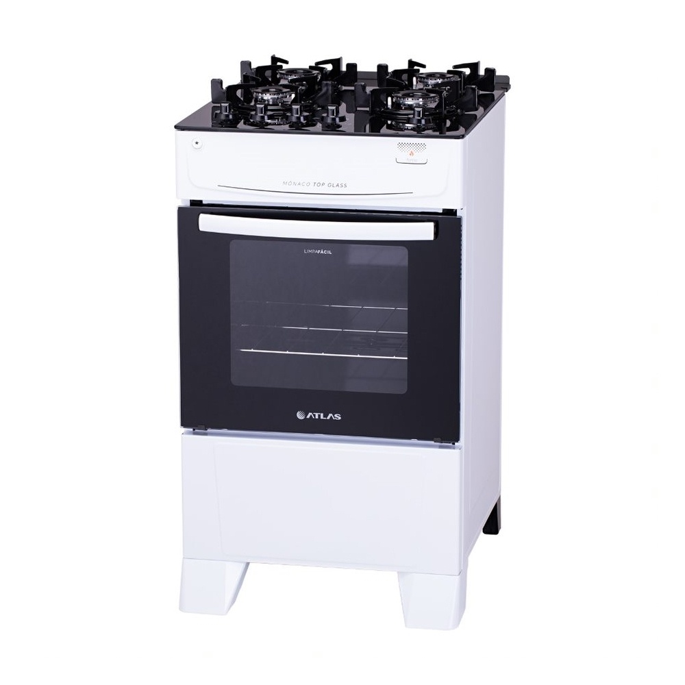 Detalhes do Fogão 4 Bocas Atlas Mônaco Top Glass Mesa de Vidro Acendimento Automático Branco Bivolt