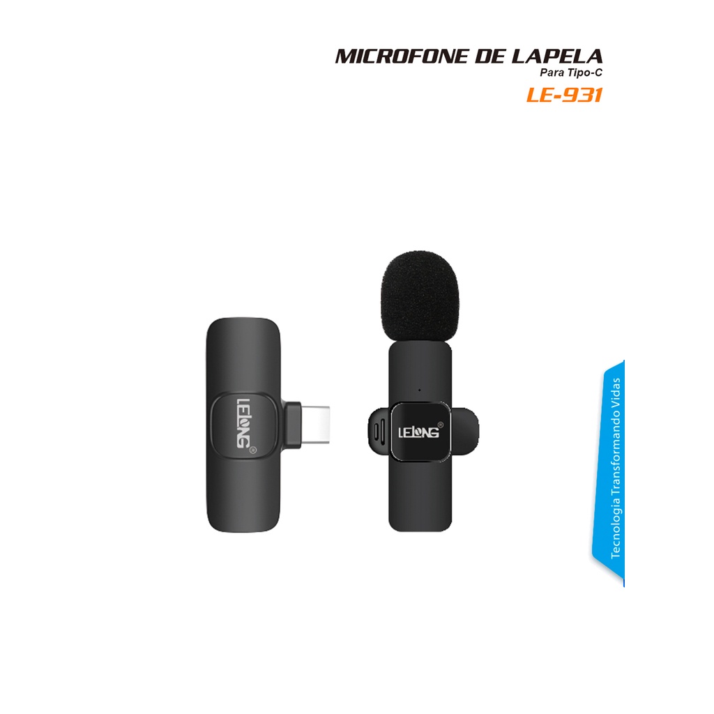 MICROFONE LAPELA SEM FIO USB C 2,4Ghz RECARREGÁVEL PARA ANDROID TABLET LE-931