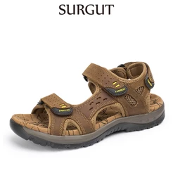 SURGUT Marca De Sapatos Respiráveis Para Homens Sandálias De Couro Real Praia Antiderrapantes Chinelos De Verão Tamanho Grande