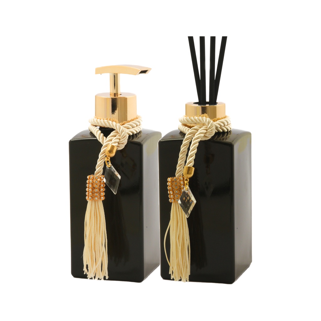 Kit Vidros Lavabo Preto 250ml C/ Válvula Super Luxo + Tampa Para Aromatizador e Pingentes Decorativos em Oferta na Shopee