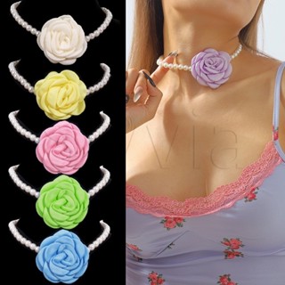 Camélia Rosas Colar De Clavícula Festa Elegante Moda Coreana INS Estilo Flor De Tecido Corrente Personalidade Imitação Pérola Gargantilha Jóias