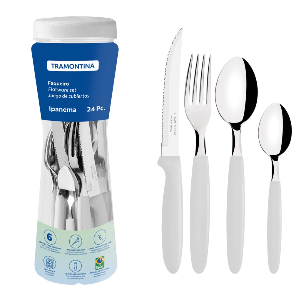 Faqueiro Tramontina Ipanema 24 Peças com Lâminas em Aço Inox e Cabos de Polipropileno Branco com Pote Plástico 23399891 em Oferta na Shopee