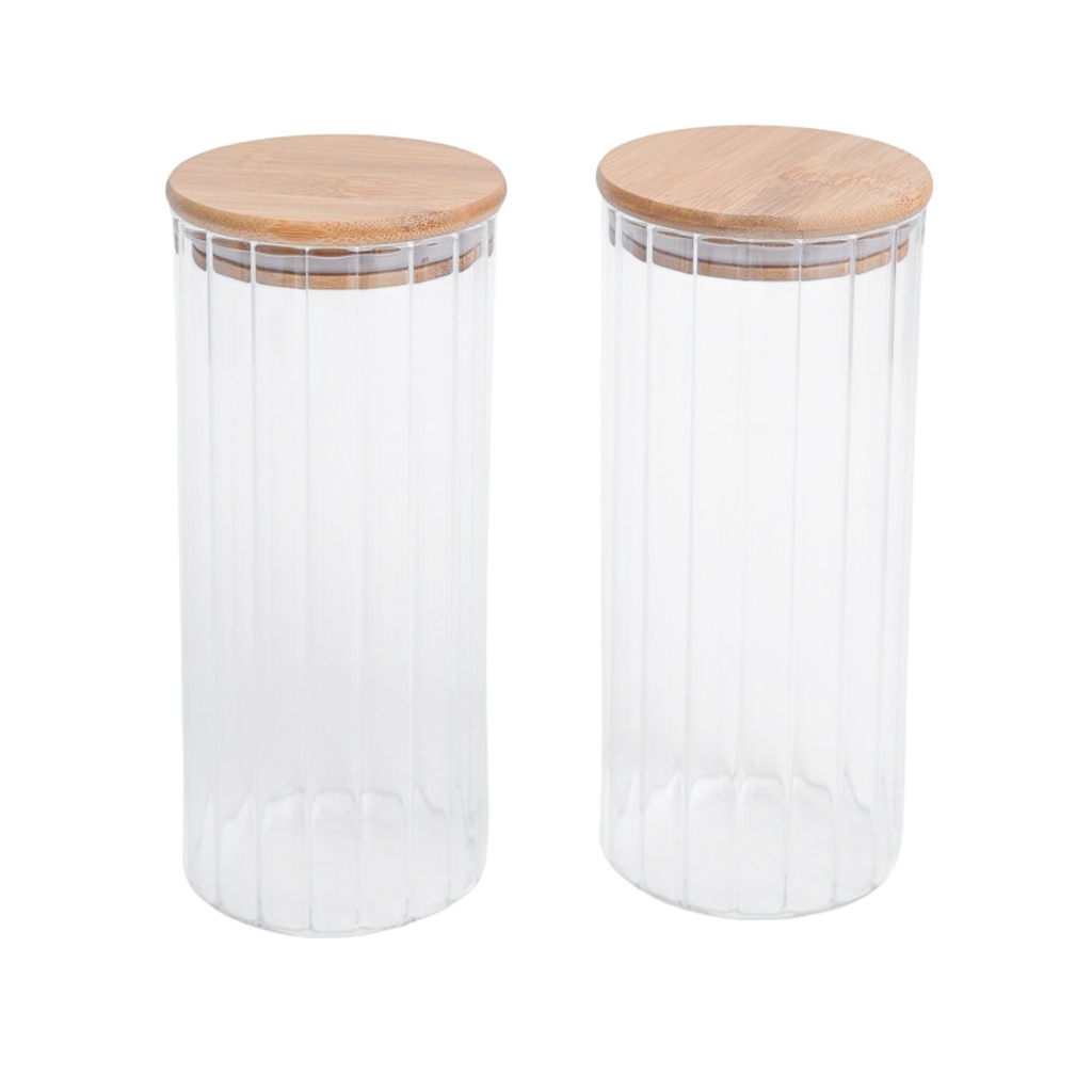 Kit 2 potes vidro canelado com tampa de bambu 1100ml - Oikos - Home & Living