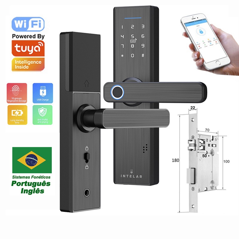 (spot) Tuya wifi Painel De Vidro Com Fechadura Eletrônica Inteligente De Porta Anti-Roubo De Impressão Digital Para Casa E Apartamento Cartão/Senha/Chave/USB Carregamento De Emergência apoio Português voz