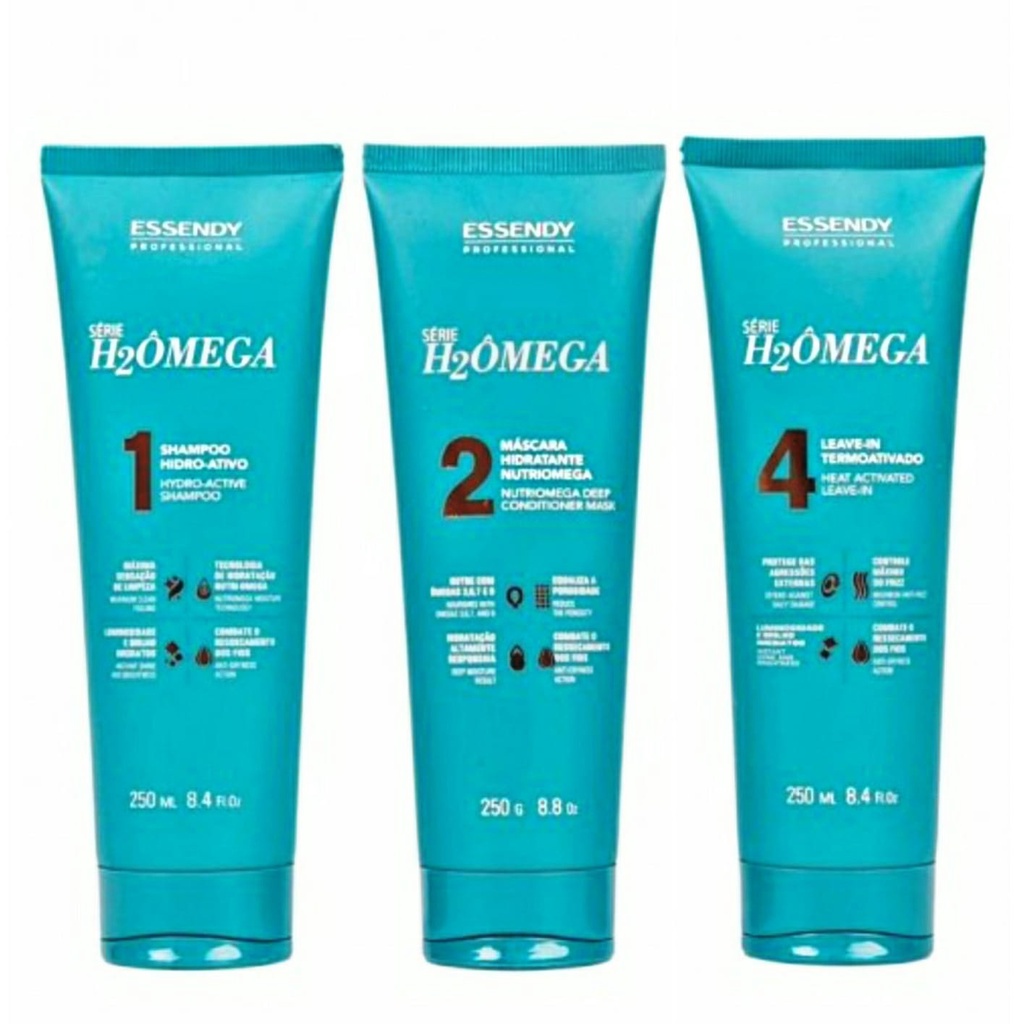 Kit Home Care Série H2Ômega 250ml Essendy - Shampoo, Máscara Capilar e Leave-in Hidratante - Pronta Entrega - Completo O