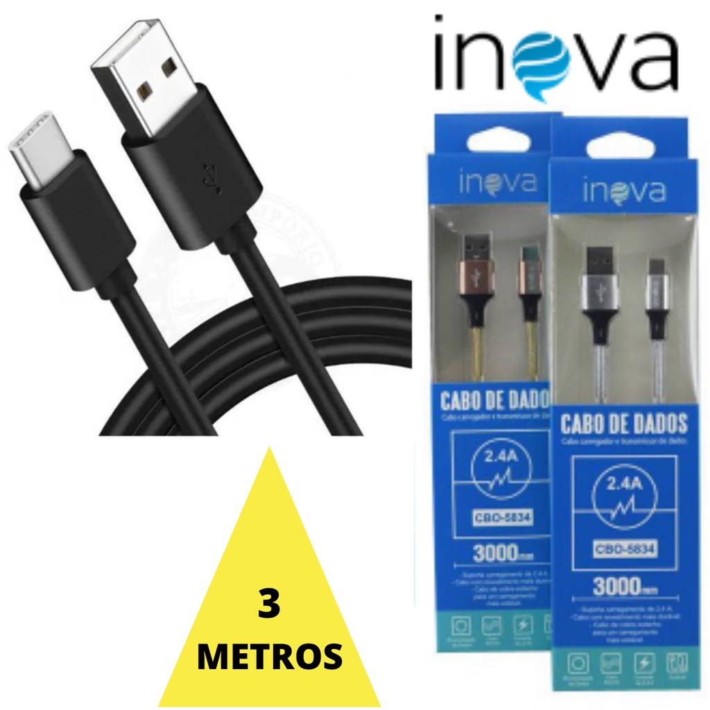 Cabo Tipo C 3 Metros Turbo Cabo 2 Metros Turbo Cabo Carregador Tipo C Grande A50 A70 A80 S10 S20 S21 S22 M31 Cabo INOVA em Oferta na Shopee