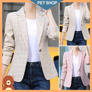 SPbestsellar Mulher Blazer Plaid Print Contraste Cor Colarinho De Gola Baixa Cardigan Manga Comprida Casaco Quente De Outono Anti-Rugas Para O Trabalho