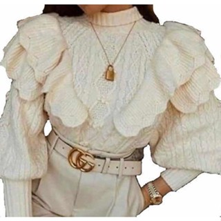 Blusa Feminina Tricot Tricô Manga Longa Babado Gola Alta