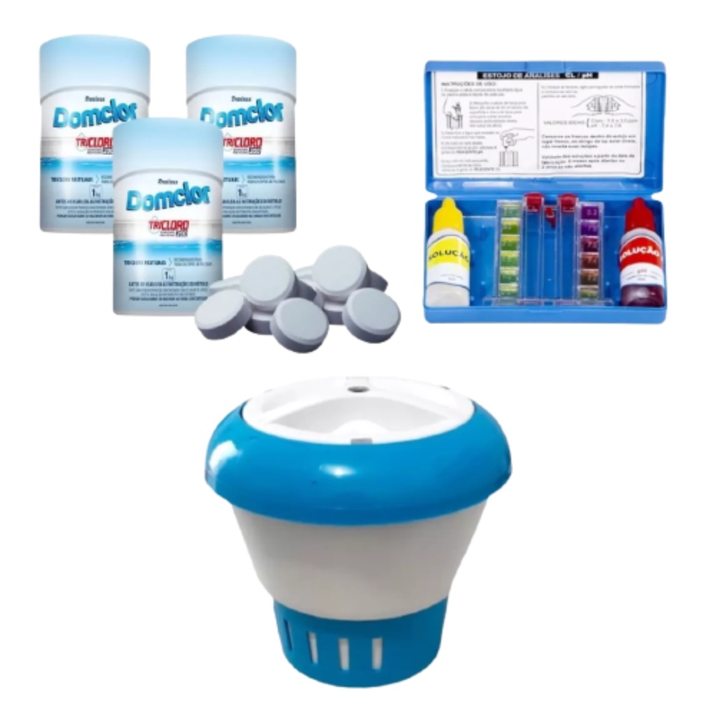 Kit 10 Pastilhas Cloro + Clorador de Piscina e Estojo Teste em Oferta na Shopee