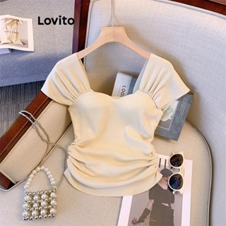 Lovito Camiseta Plissada Elegante e Lisa para Mulheres LNE18011 (Alperce)