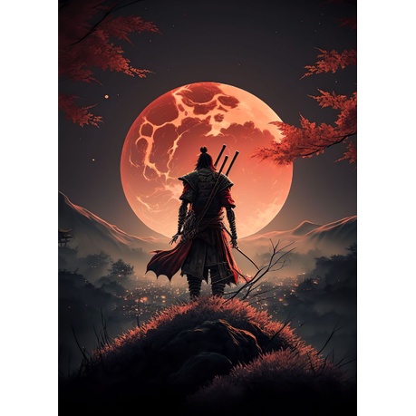 Quadro Decorativo Samurai Sakura Guerreiro, decoração, Luar, montanha. guerreiro,