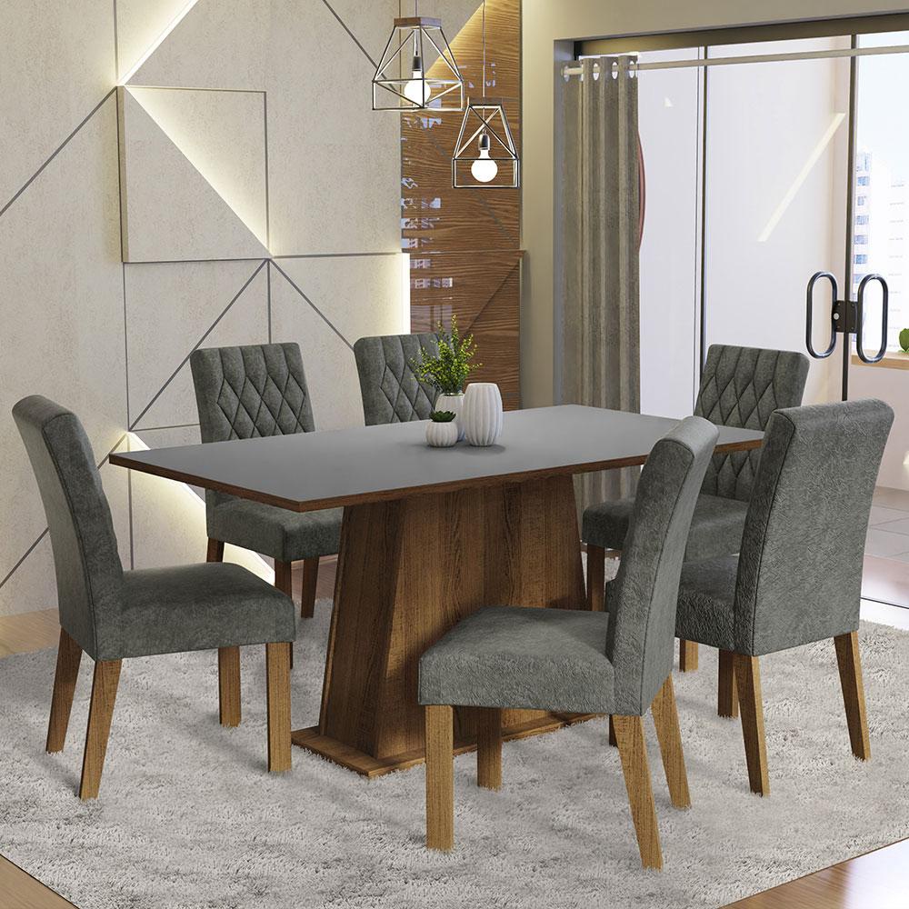 Conjunto Sala de Jantar Mesa Tampo de Madeira 6 Cadeiras Rustic/Cinza/Silver Britney Madesa - Home & Living