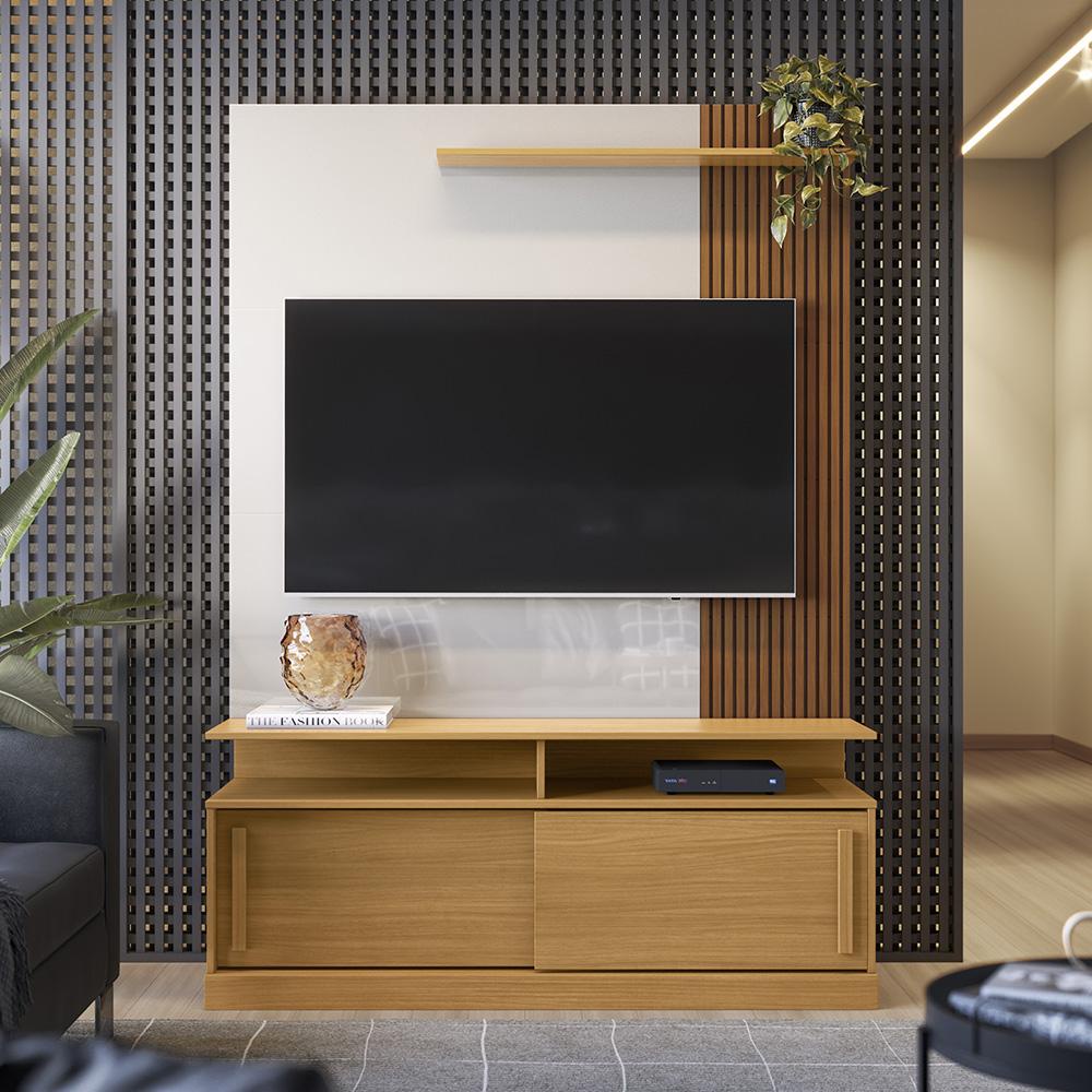 Rack Compacto 136cm Chicago Lukaliam Off White Perolizado para Apartamento TV 60”